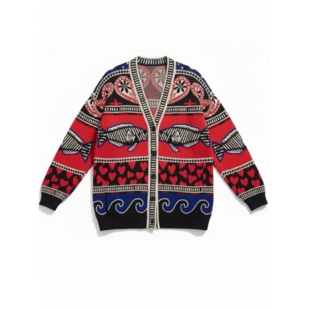 Farm Rio Art to Wear Fair Isle Knit Cardigan Sweater Hearts Fish Waves Small - Picture 3 of 14